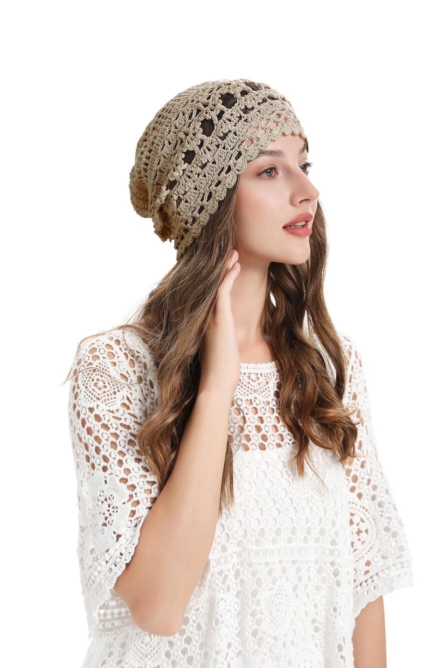 9566 Summer Crochet Slouchy Beanie Hat Handmade Knit Skull CapKhaki,One